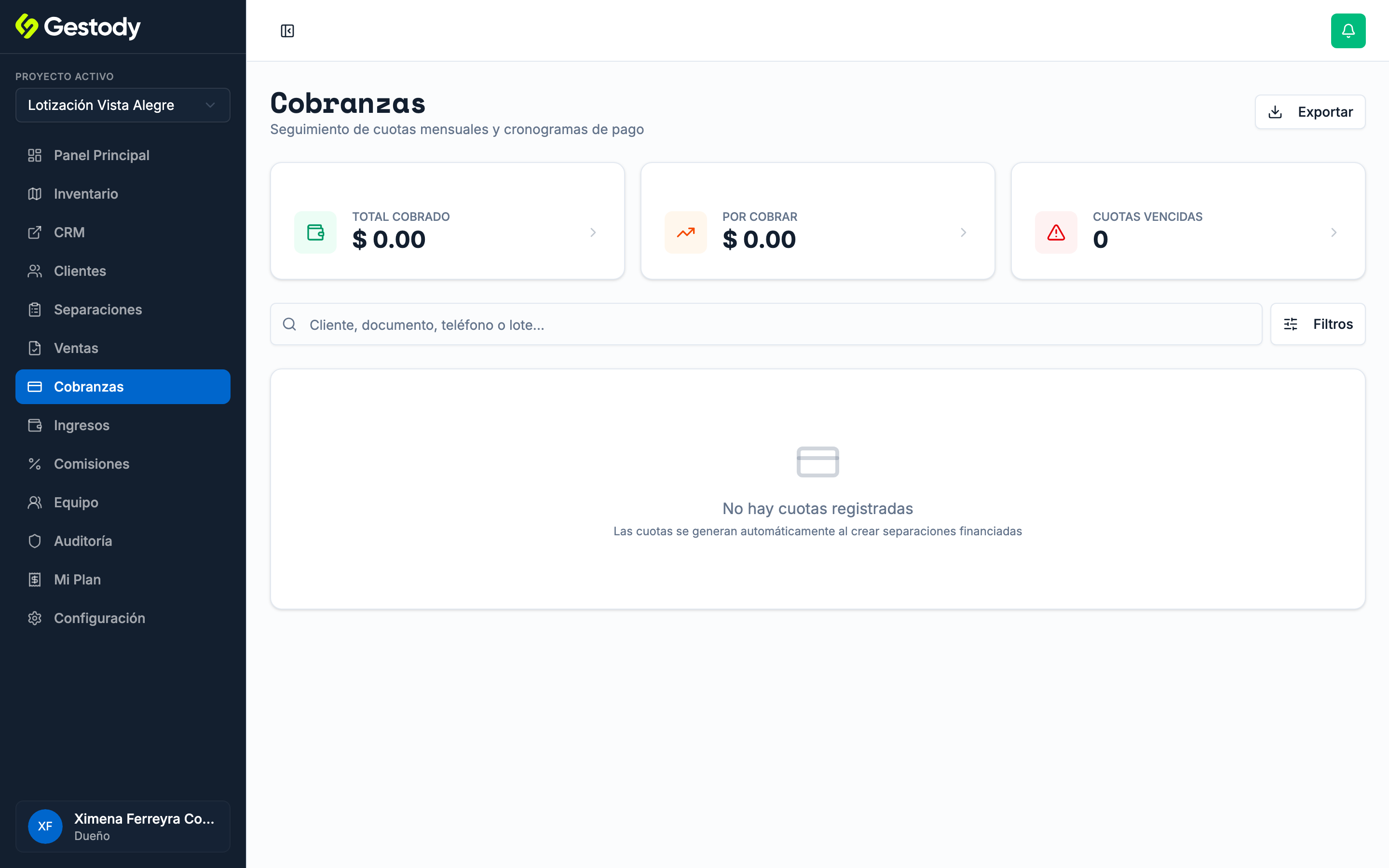 Pantalla de Cobranzas con KPIs y filtros