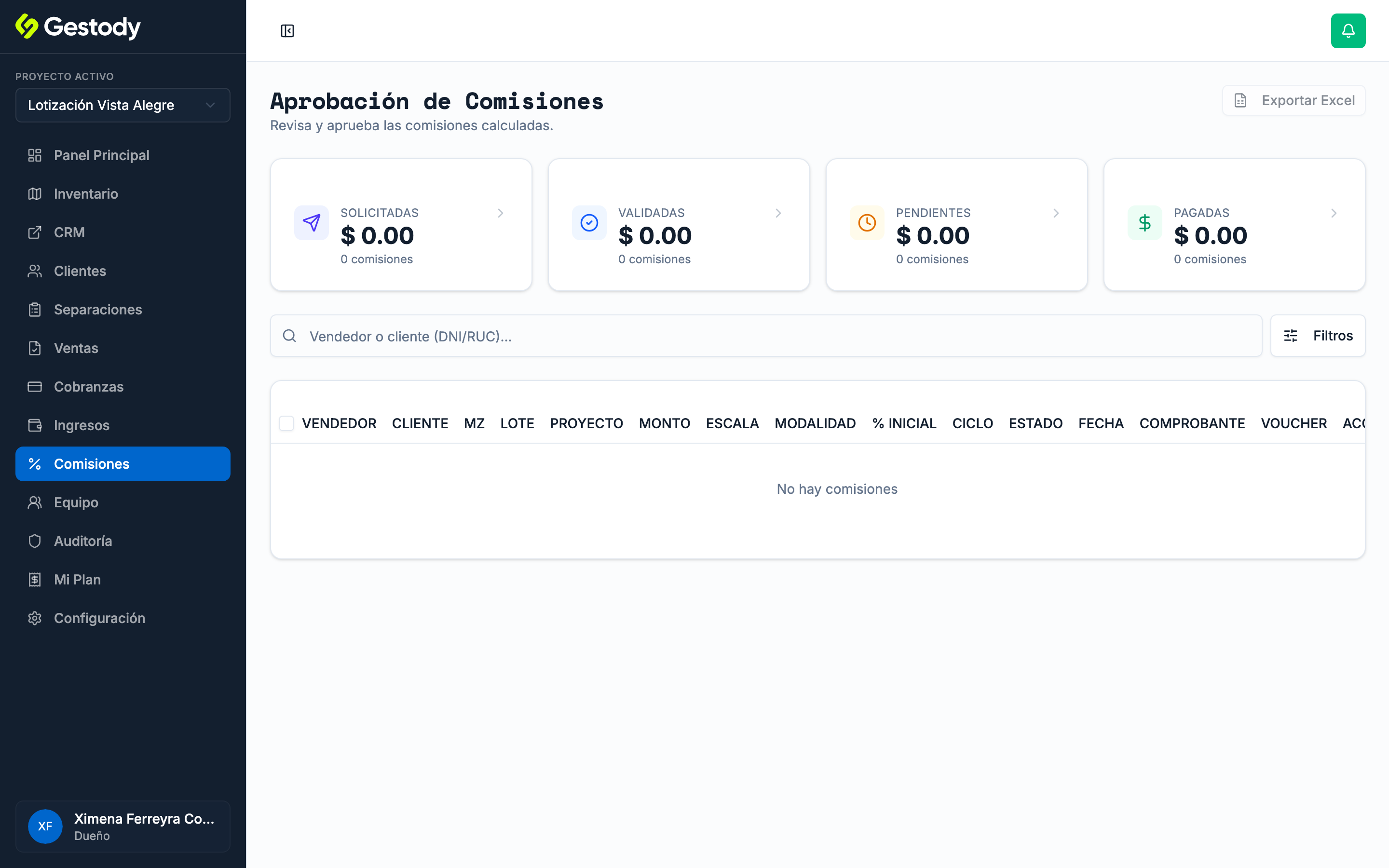 Pantalla de Aprobación de Comisiones con KPIs por estado y filtros