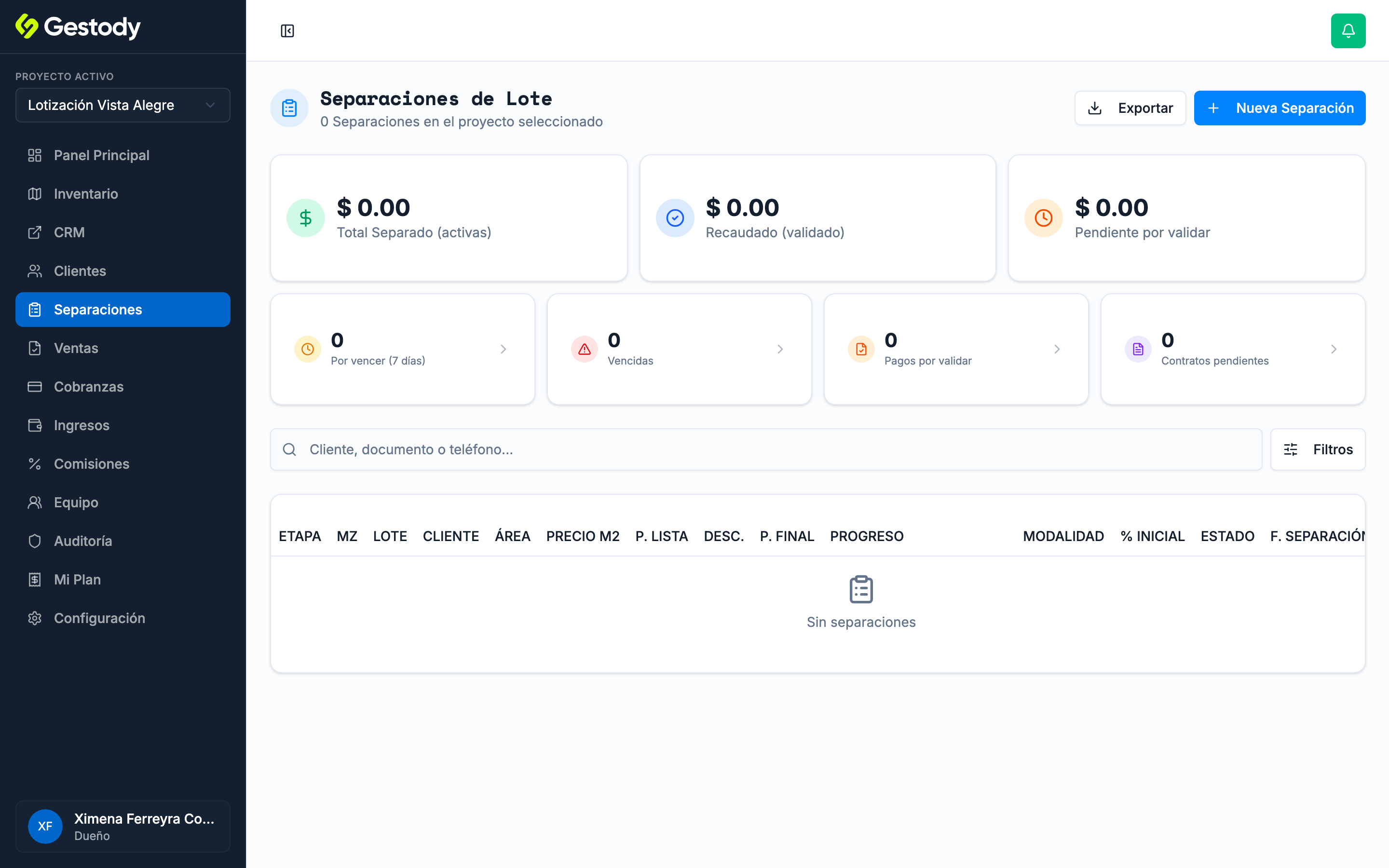 Lista de separaciones con KPIs y filtros por estado