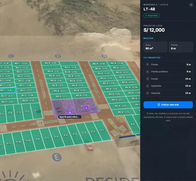 Ficha de un lote con su estado, precio, área y sus cinco medidas