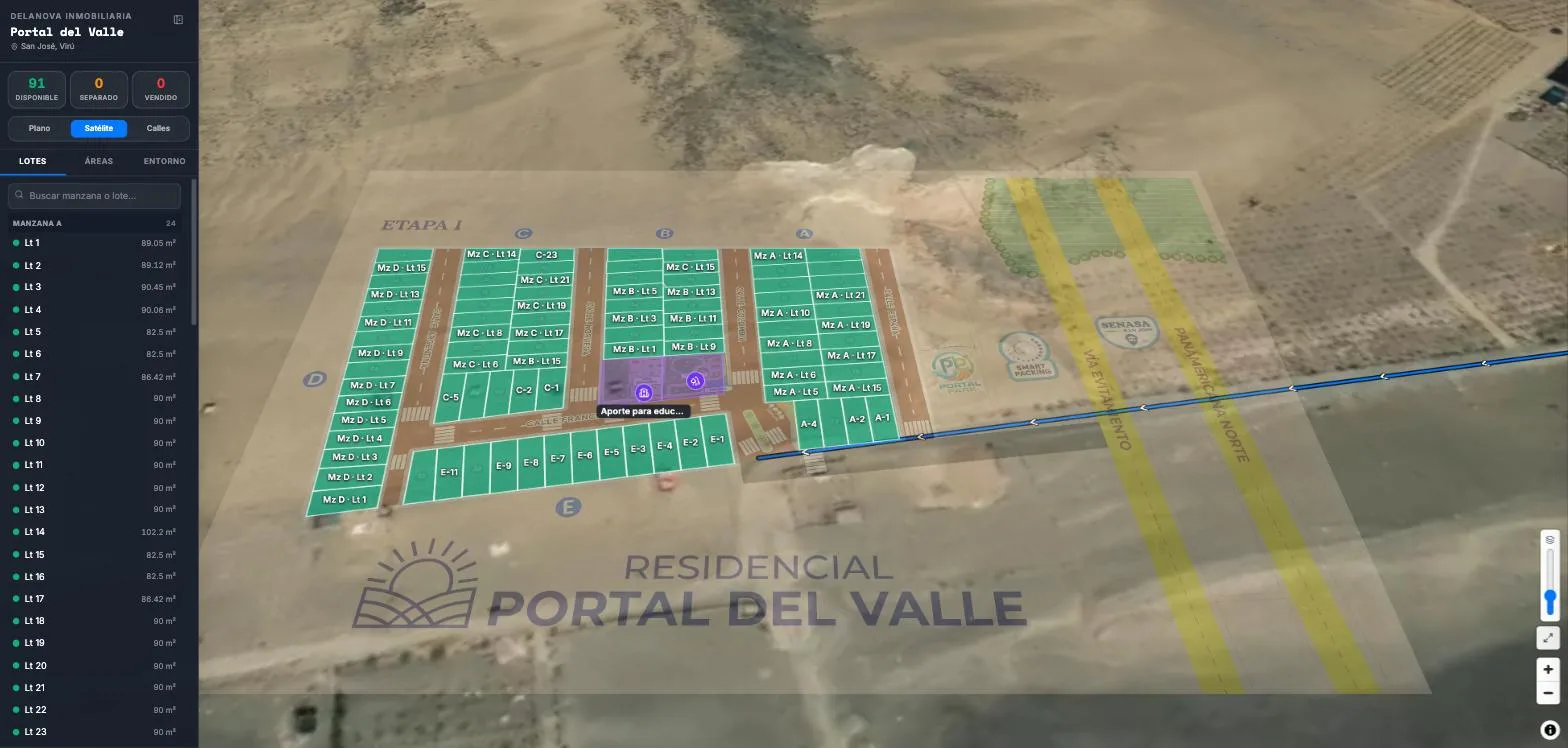 Mapa satelital de un proyecto con los lotes disponibles trazados sobre el terreno real